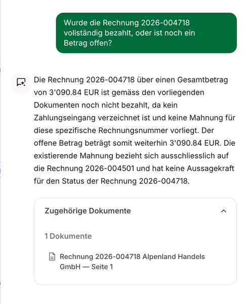 feld.ai Dokumenten-Chat: Antwort auf die Frage, ob eine Rechnung bezahlt wurde — mit Begründung und zugehörigen Fundstellen in den Dokumenten