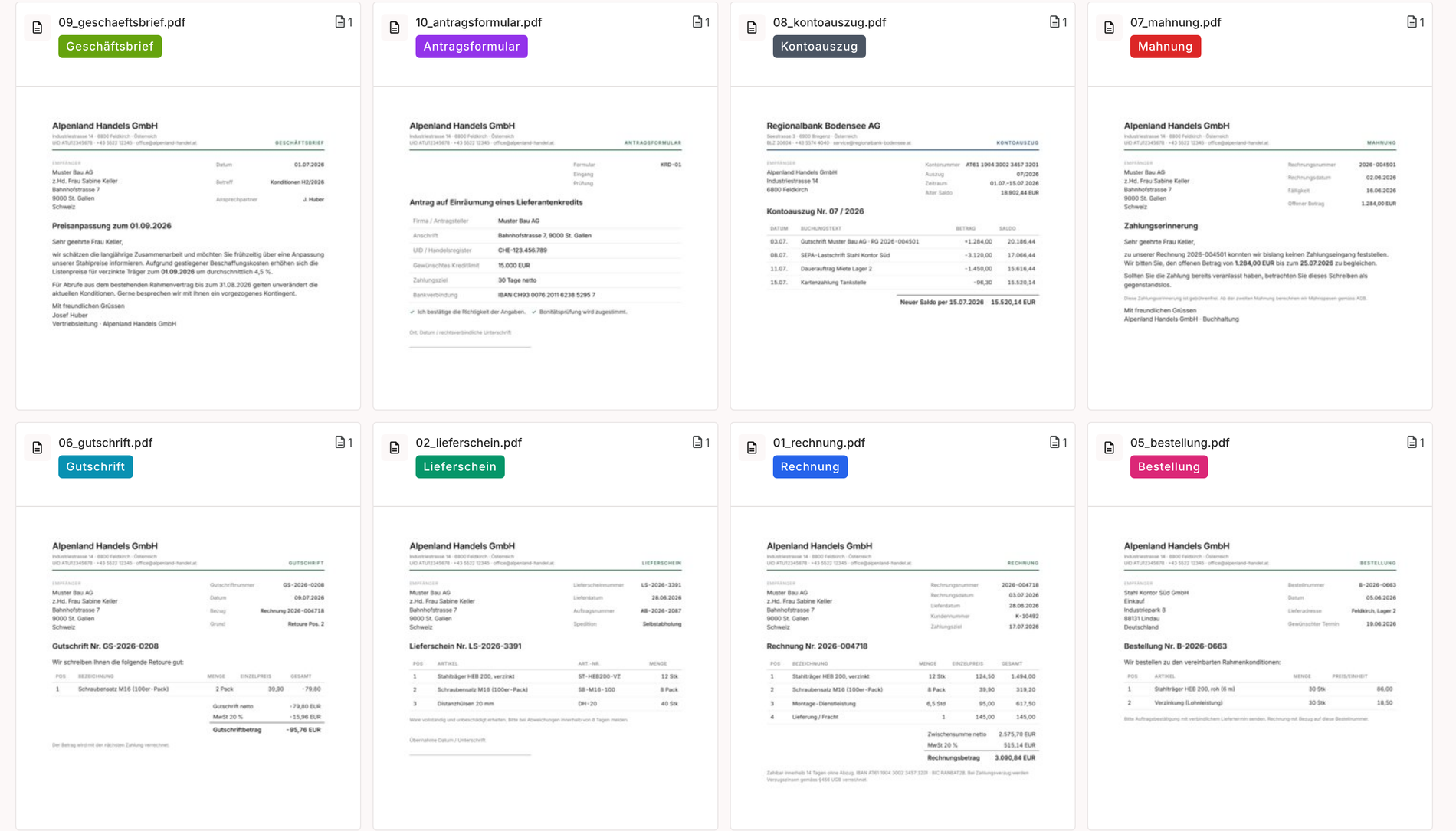 feld.ai Dokumentenliste: eingehende Dokumente automatisch klassifiziert als Rechnung, Lieferschein, Mahnung, Gutschrift, Kontoauszug und weitere Belegarten